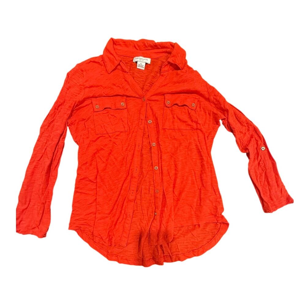 Liz Claiborne Petite Orange Button Down Roll Tab Sleeve Blouse Size PL